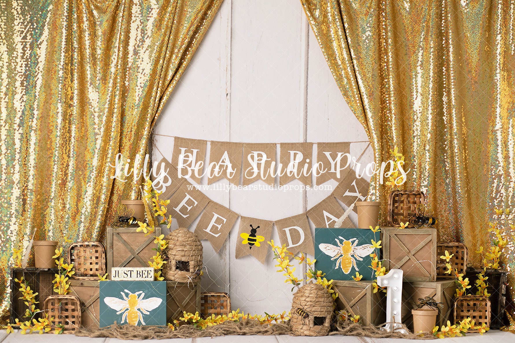 Bee Happy - Lilly Bear Studio Props, bee, bee hive, bees, busy bee, daisies, daisy, Fabric, flowers, happy bee day, honey, honey bees, honey bucket, honey comb, honey comb nest, honey flower, honey jar, honey pot, nest, spring, spring bee, Wrinkle Free Fabric