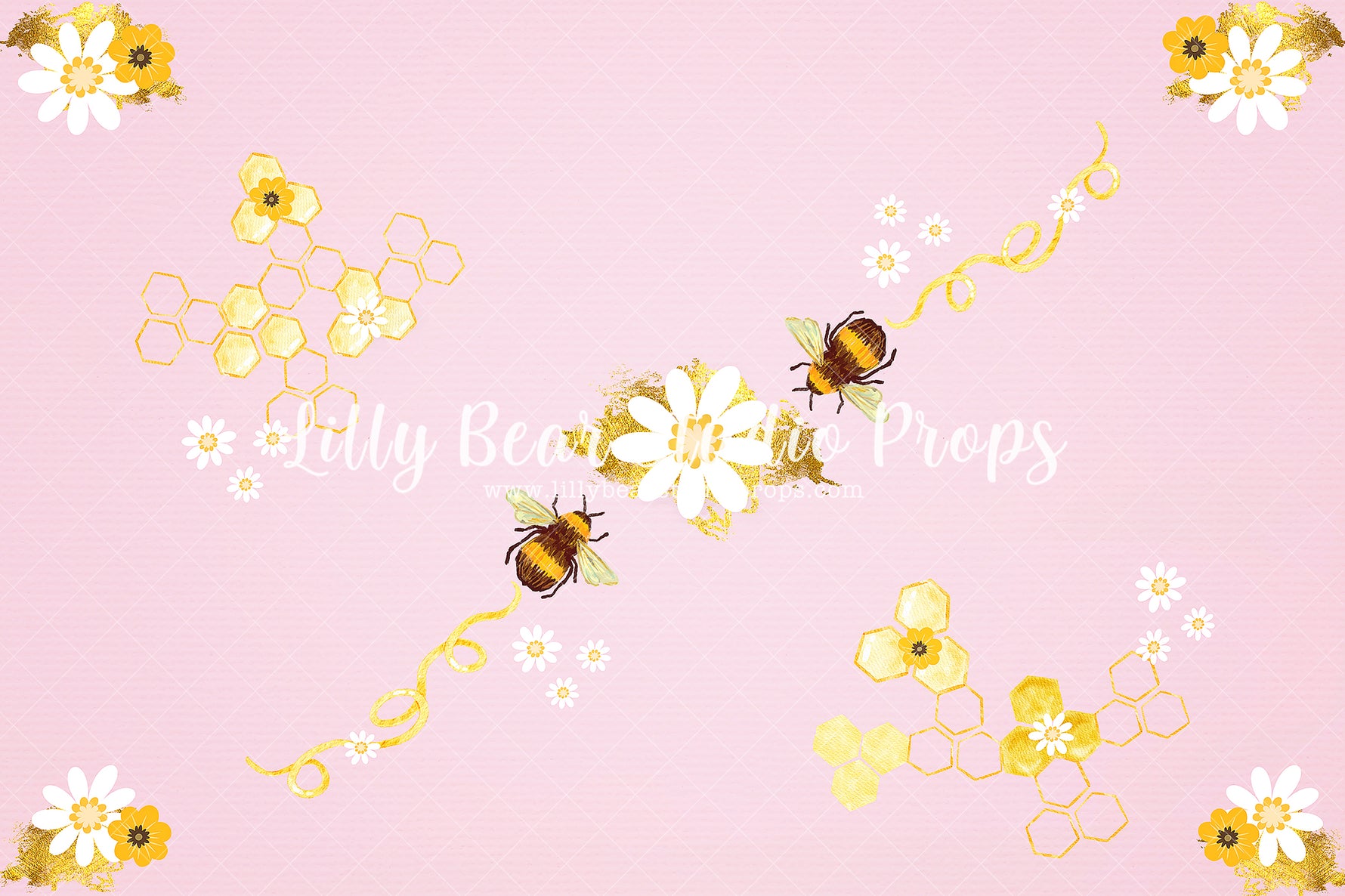 Bizzzy Bee - Lilly Bear Studio Props, bee, Fabric, gold, honey, honey bees, honey comb, honey comb nest, honey flower, pink, Wrinkle Free Fabric