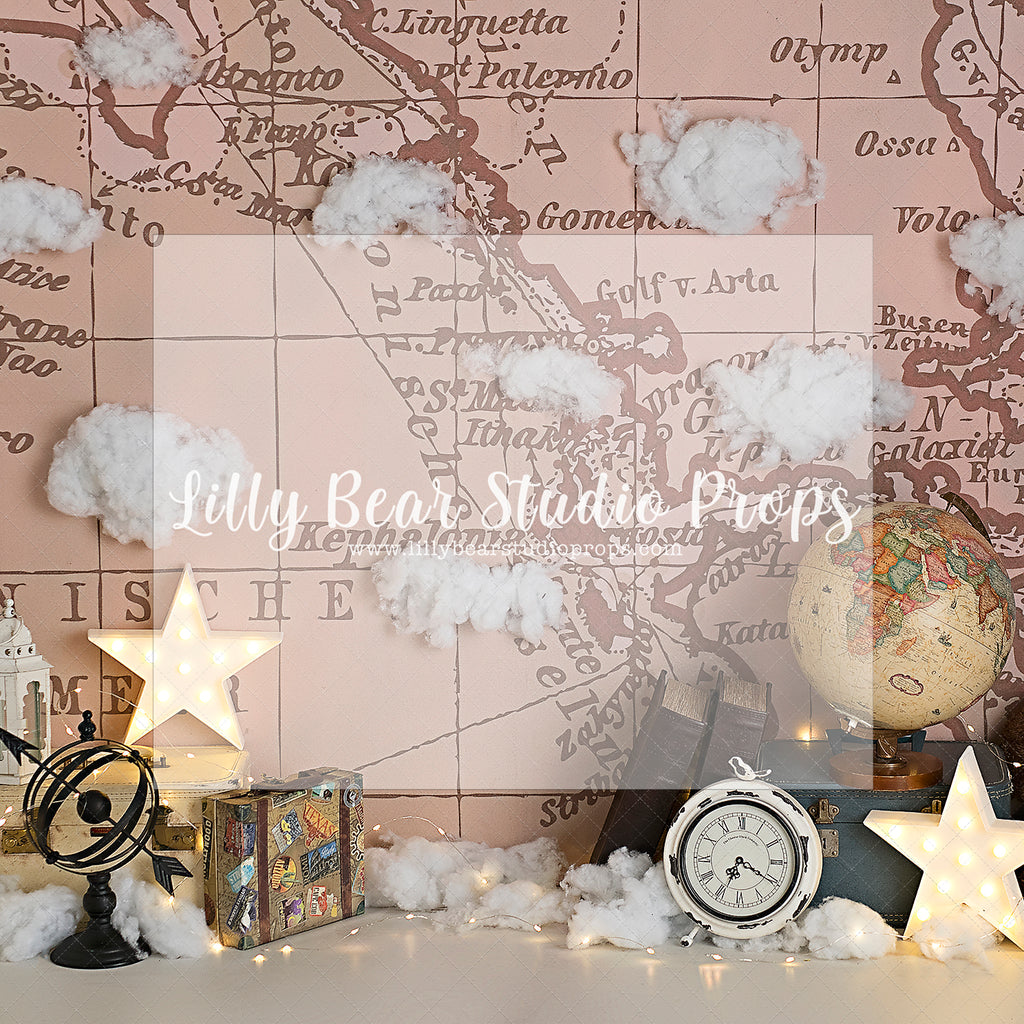 Been around the World by Sweet Little Blessings - Lilly Bear Studio Props, around the world, aviator, FABRICS, flower garden, girl, globe, globe traveller, map, maps, ocean map, oh how time flies, oh how times flies, rustic doors, suit case, suit cases, travel, vintage map, world map, world traveler, world traveller