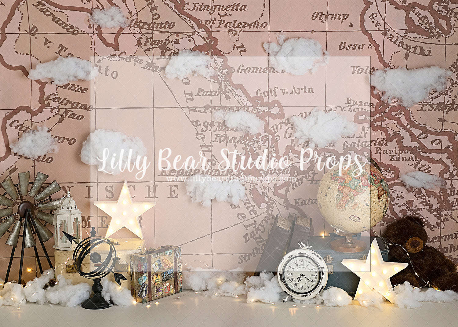 Been around the World by Sweet Little Blessings - Lilly Bear Studio Props, around the world, aviator, FABRICS, flower garden, girl, globe, globe traveller, map, maps, ocean map, oh how time flies, oh how times flies, rustic doors, suit case, suit cases, travel, vintage map, world map, world traveler, world traveller