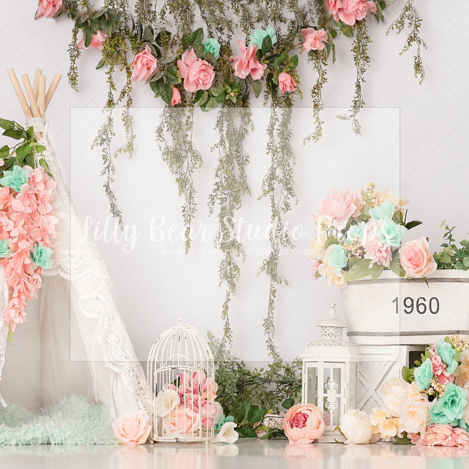 Bellarose Teepee - Lilly Bear Studio Props, blush flowers, boho spring, boho teepee, FABRICS, flower garden, flower window, flowers, spring, spring flowers, spring garden, spring window, teepee, teepee tent