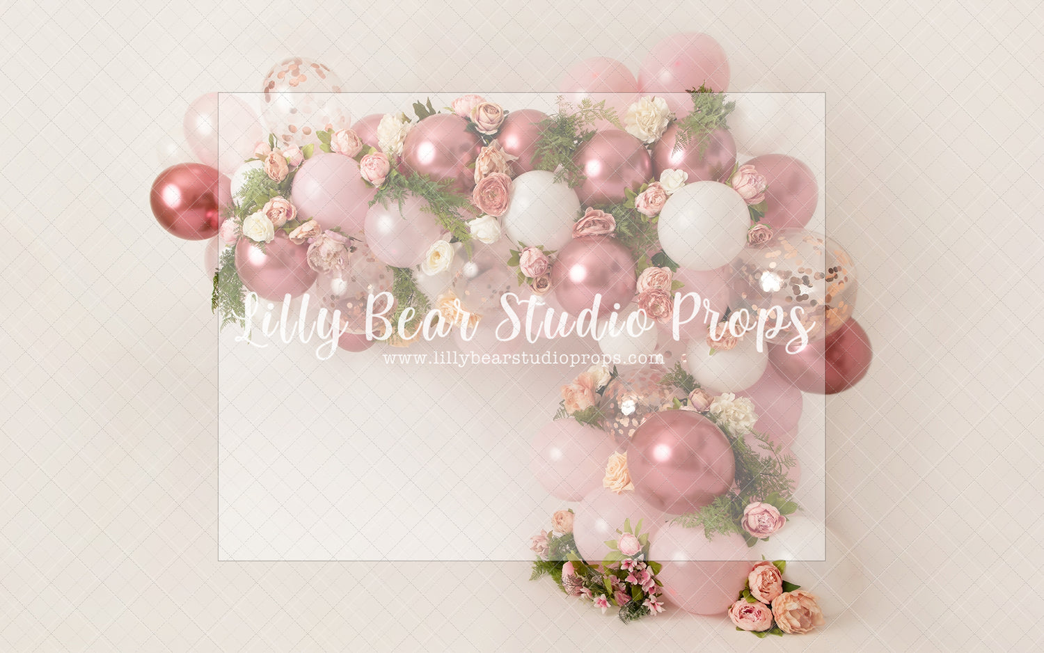 Belle Balloon Garland - Lilly Bear Studio Props, artistic floral, balloon, balloon arch, balloon floral garland, balloon flower garland, balloon flowers, balloon garland, balloon greenery floral garland, blushing floral, burgundy floral, chrome balloon, metallic balloon, pink balloon, pink balloon garland, pink balloon wall
