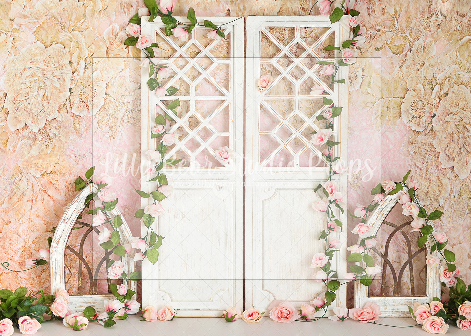 Belle Fleur - Lilly Bear Studio Props, blush roses, blushing, FABRICS, floral, floral doors, flower garden, girl, paper flower wall, paper flowers, pastel pink flowers, pink flowers, pink rose, pink roses, white doors, windows
