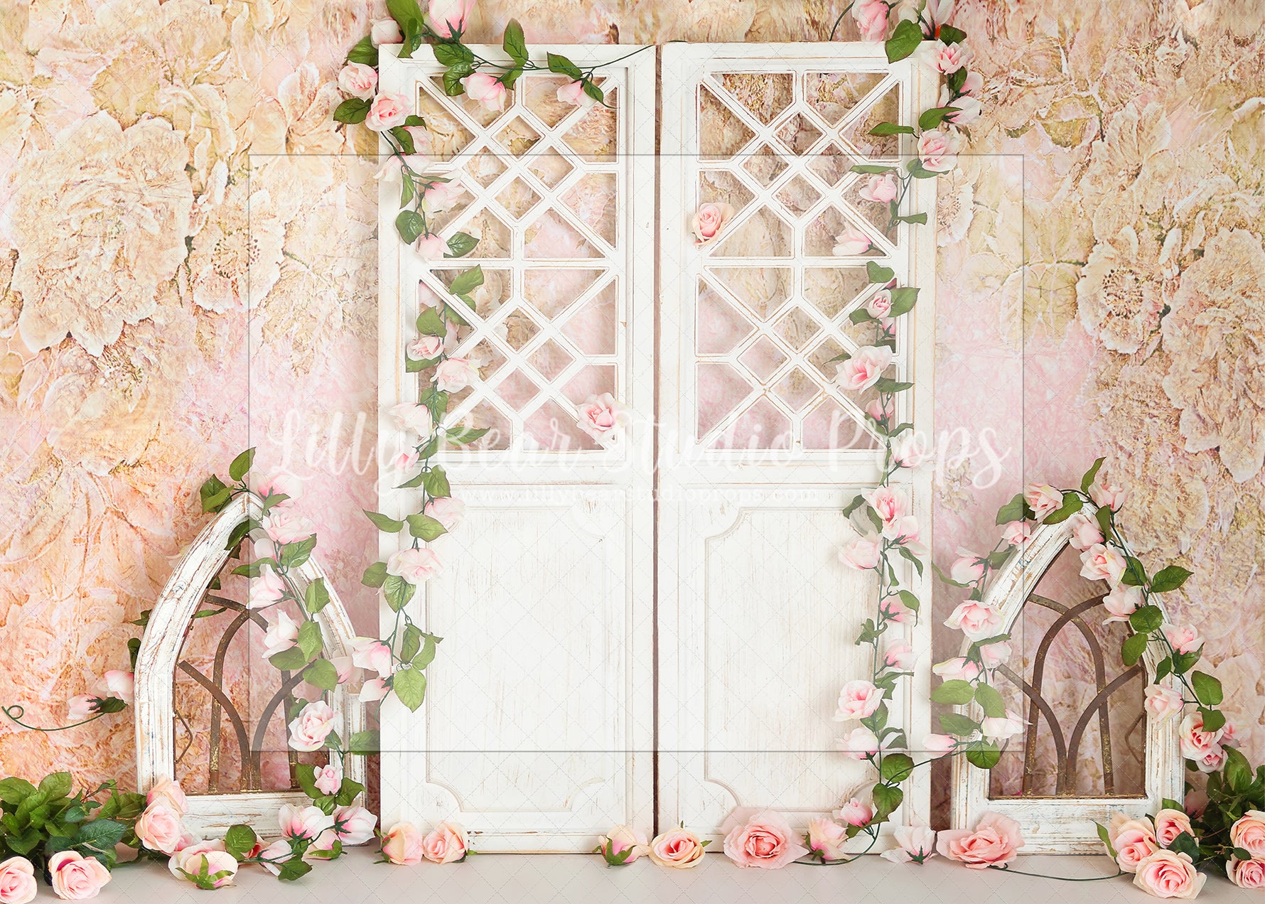 Belle Fleur - Lilly Bear Studio Props, blush roses, blushing, FABRICS, floral, floral doors, flower garden, girl, paper flower wall, paper flowers, pastel pink flowers, pink flowers, pink rose, pink roses, white doors, windows