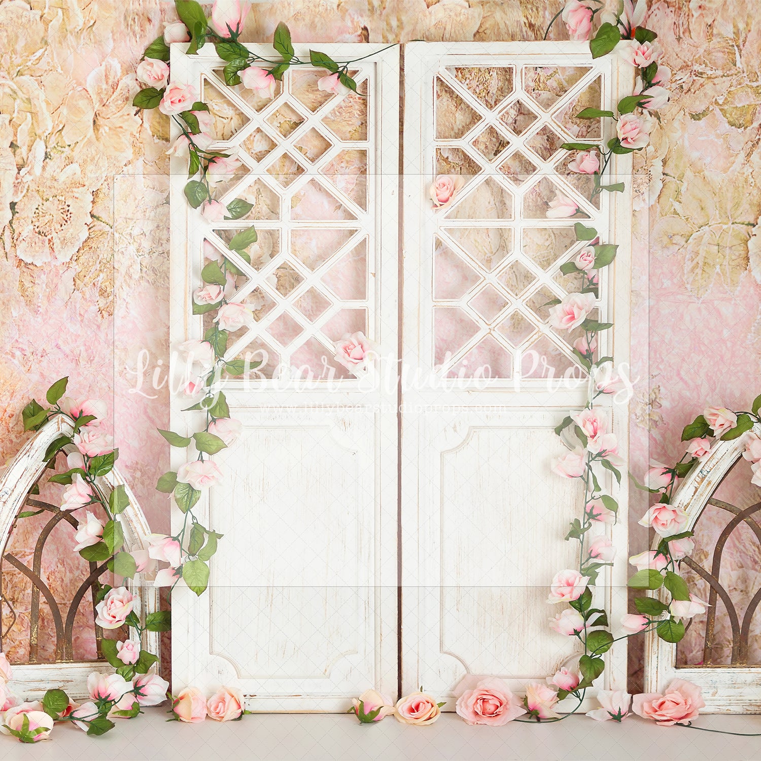Belle Fleur - Lilly Bear Studio Props, blush roses, blushing, FABRICS, floral, floral doors, flower garden, girl, paper flower wall, paper flowers, pastel pink flowers, pink flowers, pink rose, pink roses, white doors, windows