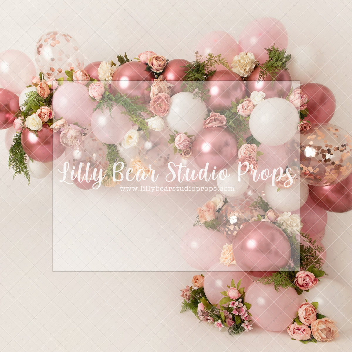 Belle Balloon Garland - Lilly Bear Studio Props, artistic floral, balloon, balloon arch, balloon floral garland, balloon flower garland, balloon flowers, balloon garland, balloon greenery floral garland, blushing floral, burgundy floral, chrome balloon, metallic balloon, pink balloon, pink balloon garland, pink balloon wall