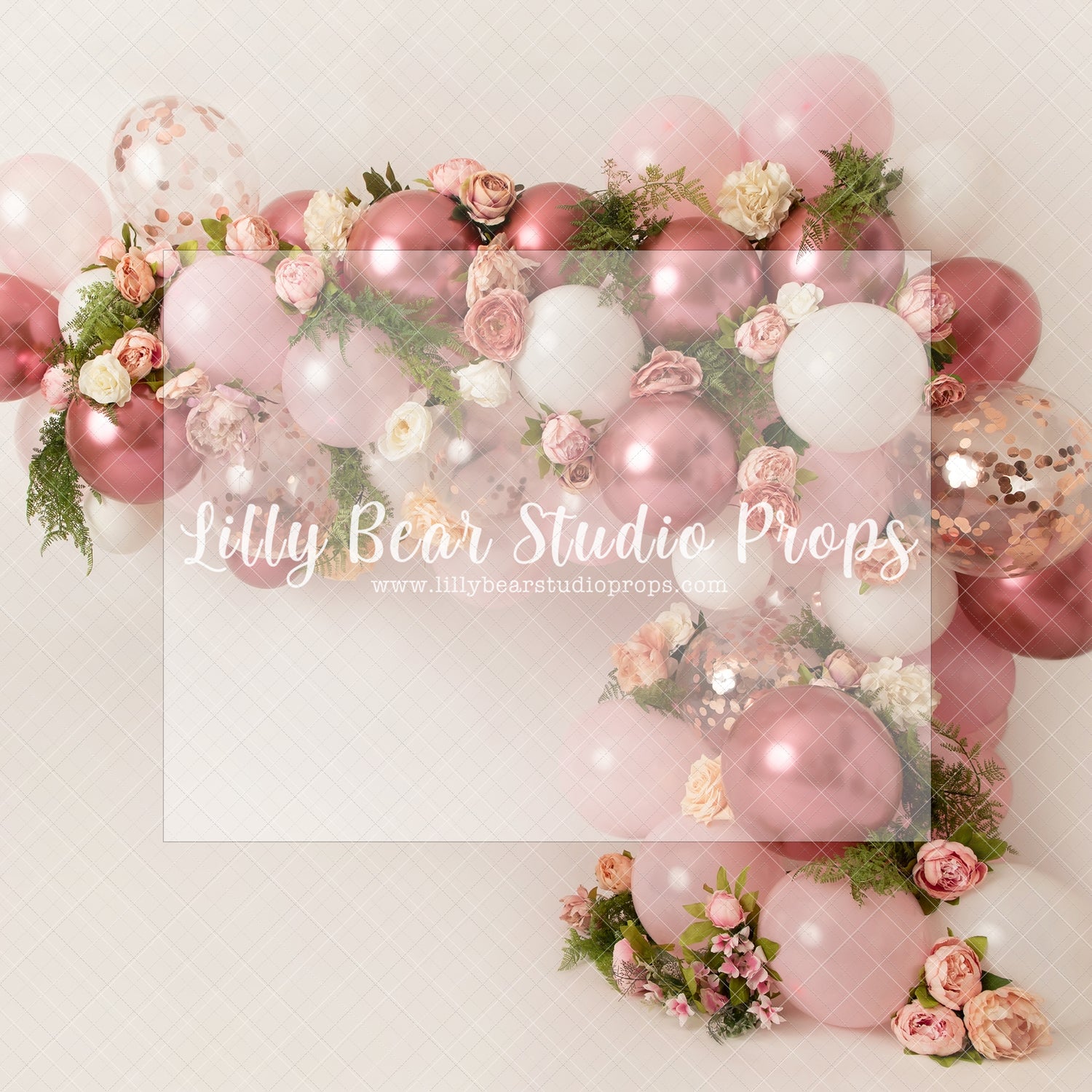 Belle Balloon Garland - Lilly Bear Studio Props, artistic floral, balloon, balloon arch, balloon floral garland, balloon flower garland, balloon flowers, balloon garland, balloon greenery floral garland, blushing floral, burgundy floral, chrome balloon, metallic balloon, pink balloon, pink balloon garland, pink balloon wall
