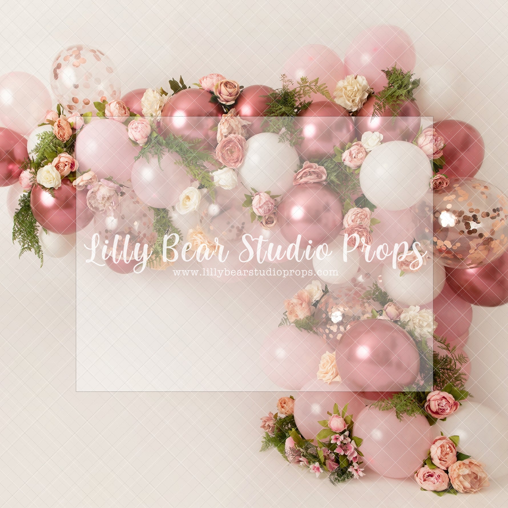 Belle Balloon Garland - Lilly Bear Studio Props, artistic floral, balloon, balloon arch, balloon floral garland, balloon flower garland, balloon flowers, balloon garland, balloon greenery floral garland, blushing floral, burgundy floral, chrome balloon, metallic balloon, pink balloon, pink balloon garland, pink balloon wall
