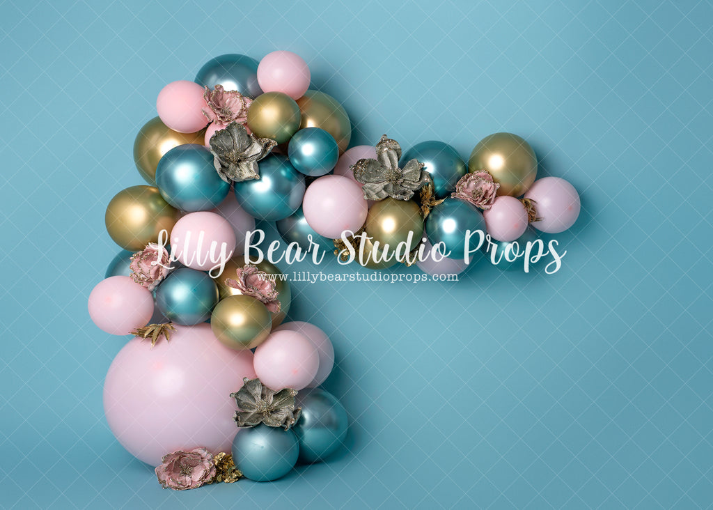 Belle's Baby Blue - Lilly Bear Studio Props, balloon, balloon garland, balloon wall, blue, blue balloon garland, blue balloons, cake smash, colourful flowers, Fabric, floral, floral arch, gold and pink, gold balloons, pink, pink and blue, Wrinkle Free Fabric