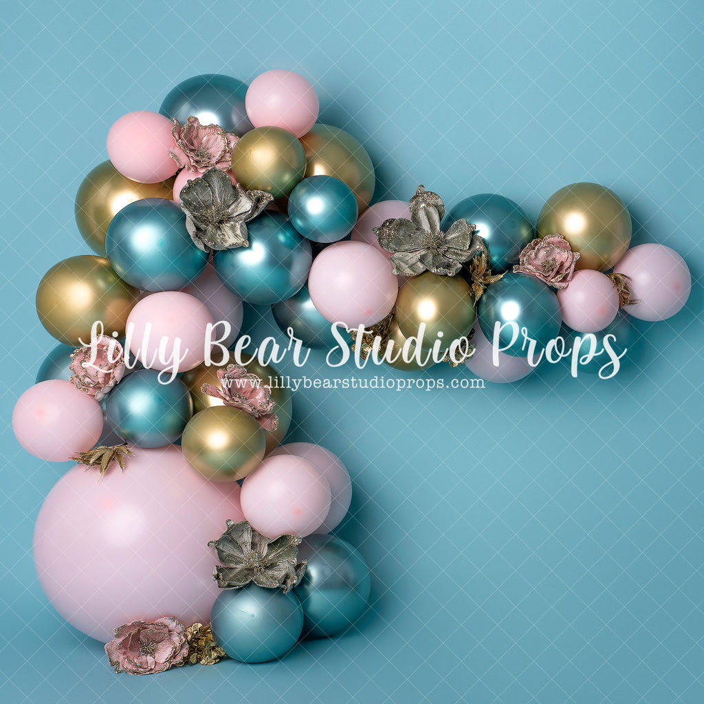 Belle's Baby Blue - Lilly Bear Studio Props, balloon, balloon garland, balloon wall, blue, blue balloon garland, blue balloons, cake smash, colourful flowers, Fabric, floral, floral arch, gold and pink, gold balloons, pink, pink and blue, Wrinkle Free Fabric