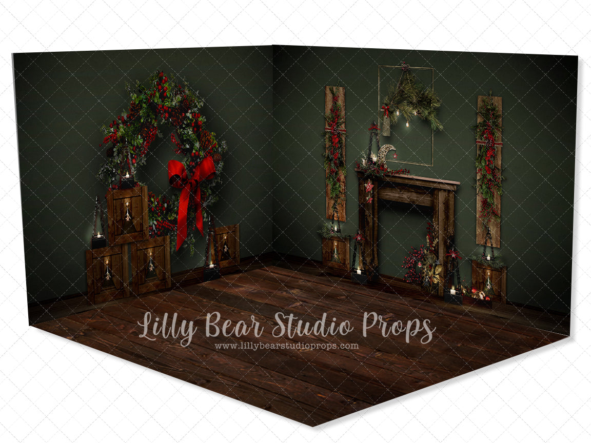 Big Green Xmas Bow Room - Lilly Bear Studio Props, black fireplace, bohemian christmas, bohemian fireplace, bohemian mantel, boho, boho christmas, boho holiday, boho mantel, christmas, christmas mantel, christmas village, evergreen trees, evergreens, Fabric, fireplace, holiday, holiday christmas, mantel, Pampas, pine trees, white christmas, white holiday, Wrinkle Free Fabric