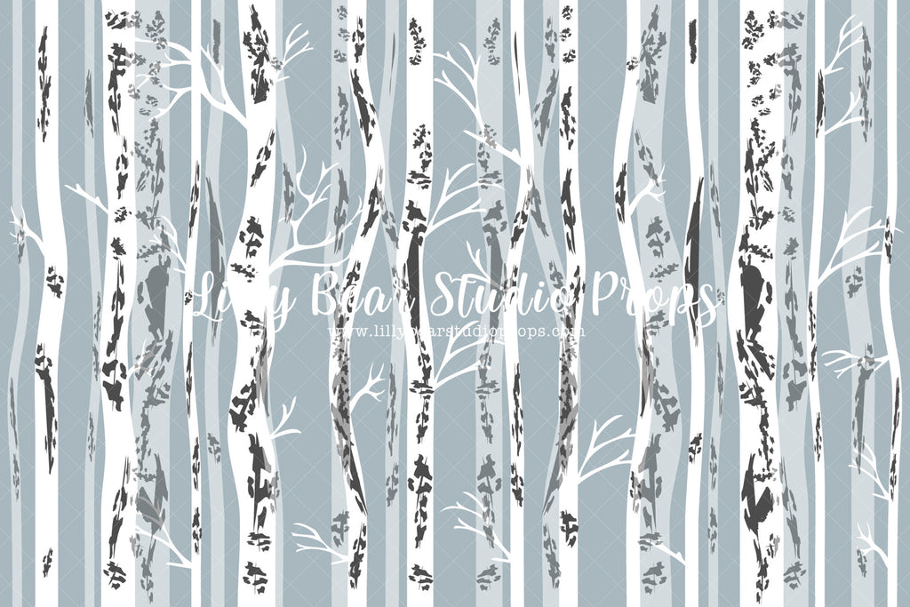 Birch Grove - Lilly Bear Studio Props, birch trees, blue, Fabric, FABRICS, forest, snow, snow forest, trees, white, winter, winter forest, Wrinkle Free Fabric