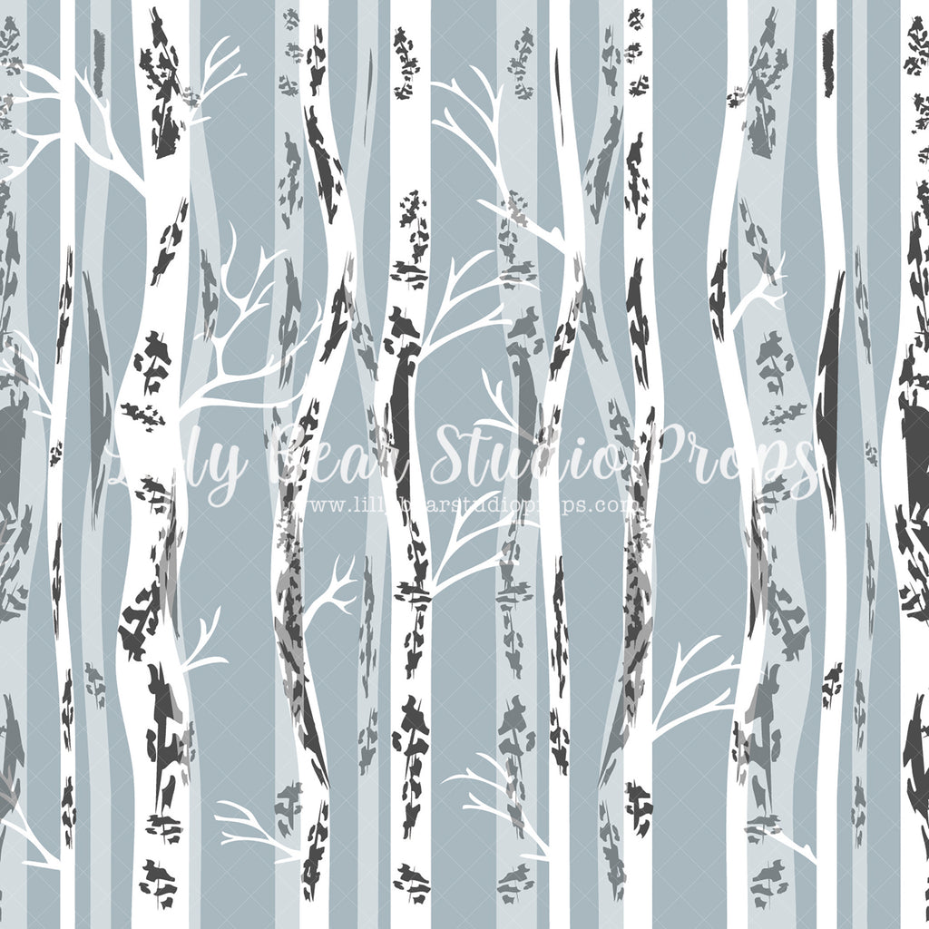 Birch Grove - Lilly Bear Studio Props, birch trees, blue, Fabric, FABRICS, forest, snow, snow forest, trees, white, winter, winter forest, Wrinkle Free Fabric