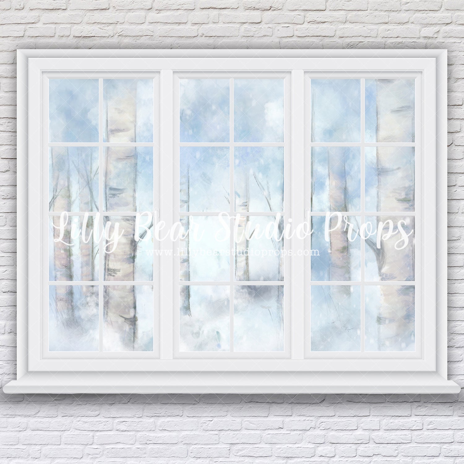 Birch Window Wall - Lilly Bear Studio Props, birch, birch trees, castle, Fabric, fantasy, frozen, girls, hand painted, ice, snow, snowy trees, winter, Wrinkle Free Fabric