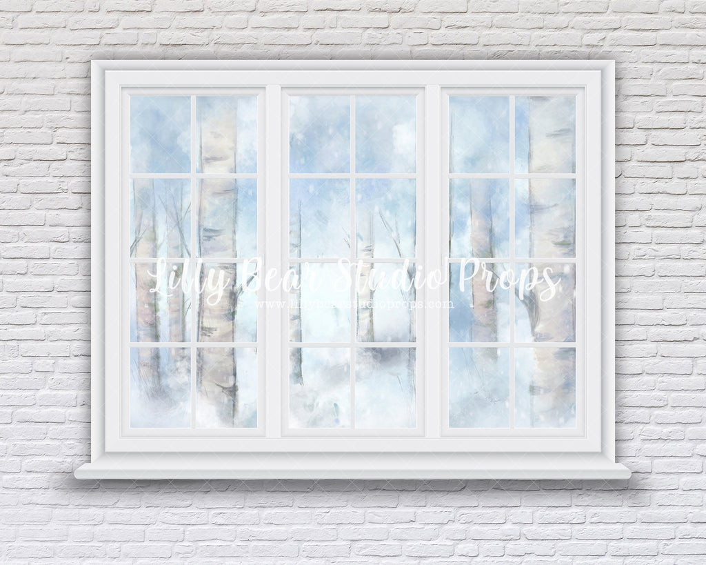 Birch Window Wall - Lilly Bear Studio Props, birch, birch trees, castle, Fabric, fantasy, frozen, girls, hand painted, ice, snow, snowy trees, winter, Wrinkle Free Fabric