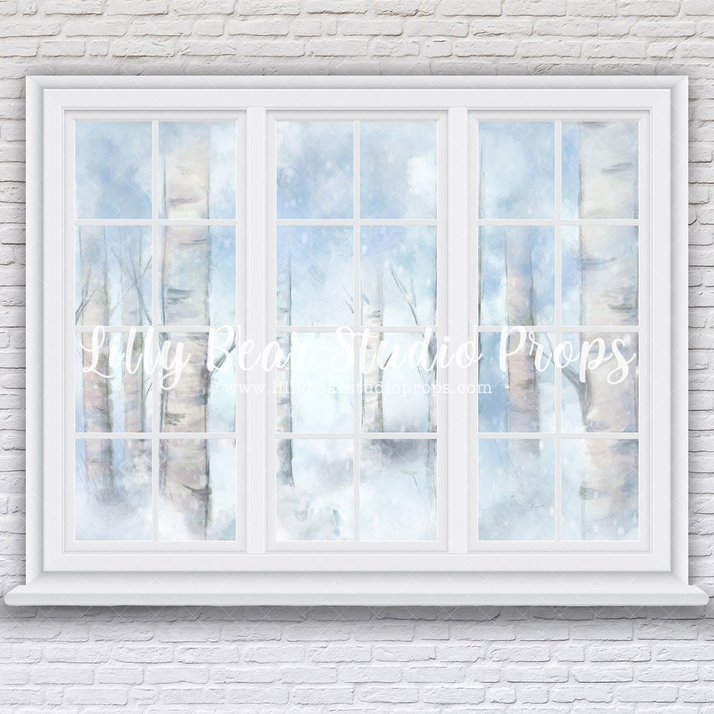 Birch Window Wall - 10x8' Wrinkle Free Fabric RTS - Lilly Bear Studio Props, birch, birch trees, castle, Fabric, fantasy, frozen, girls, hand painted, ice, snow, snowy trees, winter, Wrinkle Free Fabric