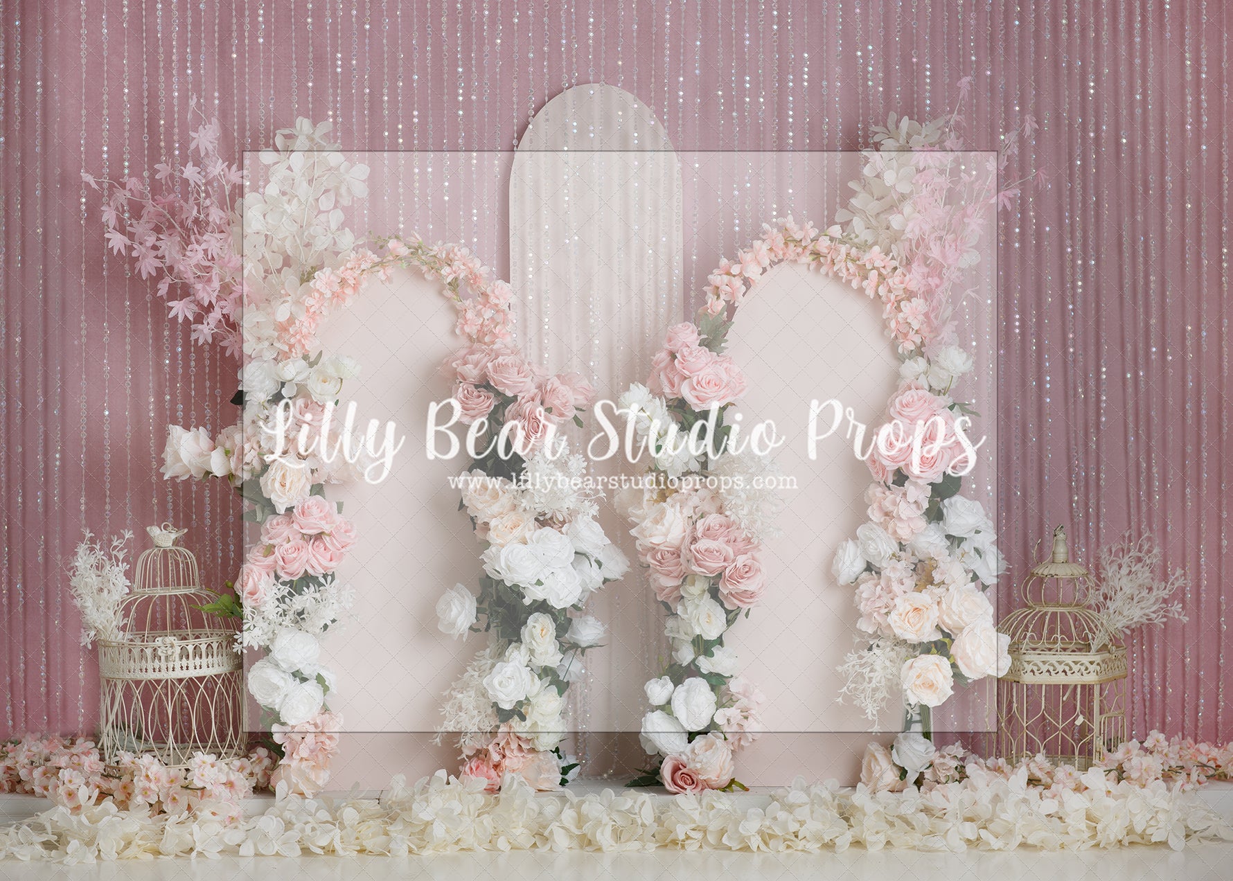 Bird Cage Blossom Archway - Lilly Bear Studio Props, arch, arches, floral arch, floral boho, floral garden, floral garland, floral pink, pink cherry blossoms, pink floral, pink roses, roses, soft floral