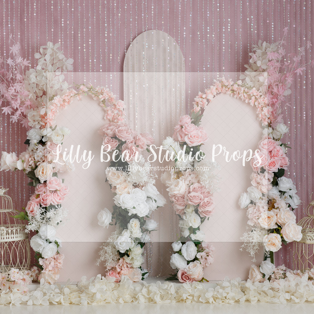 Bird Cage Blossom Archway - Lilly Bear Studio Props, arch, arches, floral arch, floral boho, floral garden, floral garland, floral pink, pink cherry blossoms, pink floral, pink roses, roses, soft floral