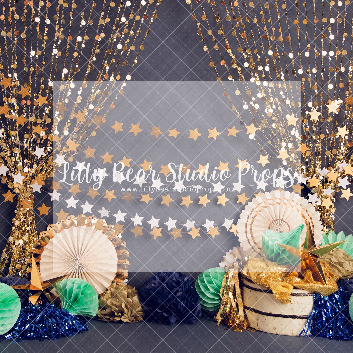 Birthday Bash - Lilly Bear Studio Props, birthday girl, blue, blue stars, chrome balloon, confetti balloons, fans, glitter silver, gold beaded curtains, gold curtains, gold fans, gold star, gold stars, one, silver balloons, silver beaded curtain, silver curtains, stars
