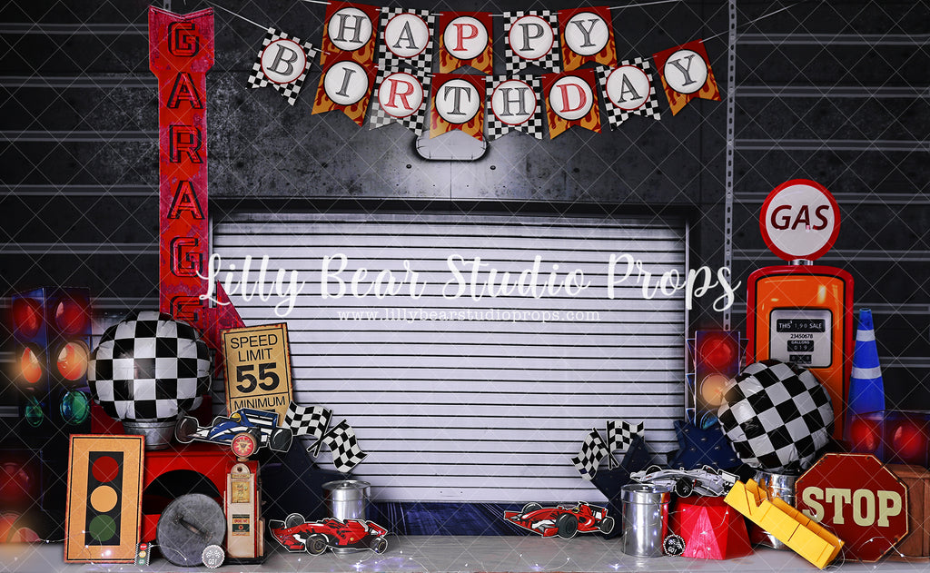 Birthday Garage - Lilly Bear Studio Props, car, car shop, cars, Fabric, FABRICS, fence, garage, gas, greasy garage, mechanic, orange, race, race car, race garage, race track, racer, racer garage, tires, took, tools