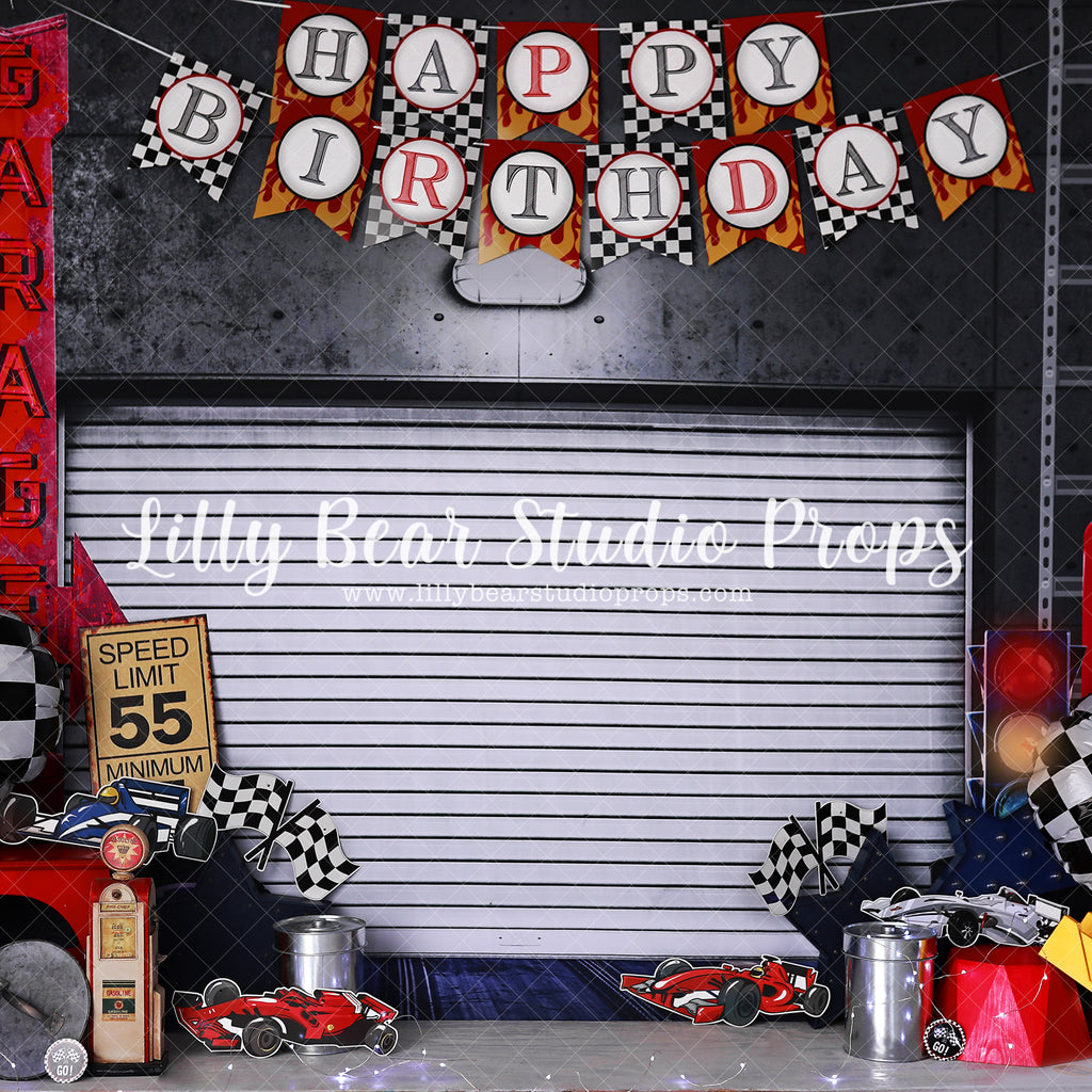 Birthday Garage - Lilly Bear Studio Props, car, car shop, cars, Fabric, FABRICS, fence, garage, gas, greasy garage, mechanic, orange, race, race car, race garage, race track, racer, racer garage, tires, took, tools