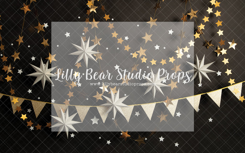 Black & Gold Stars - Lilly Bear Studio Props, all stars, birthday banner, black and gold, black and gold stars, gold beaded curtains, gold curtains, gold fans, gold star, gold star banner, gold stars, night sky, one, starry sky, stars, white stars