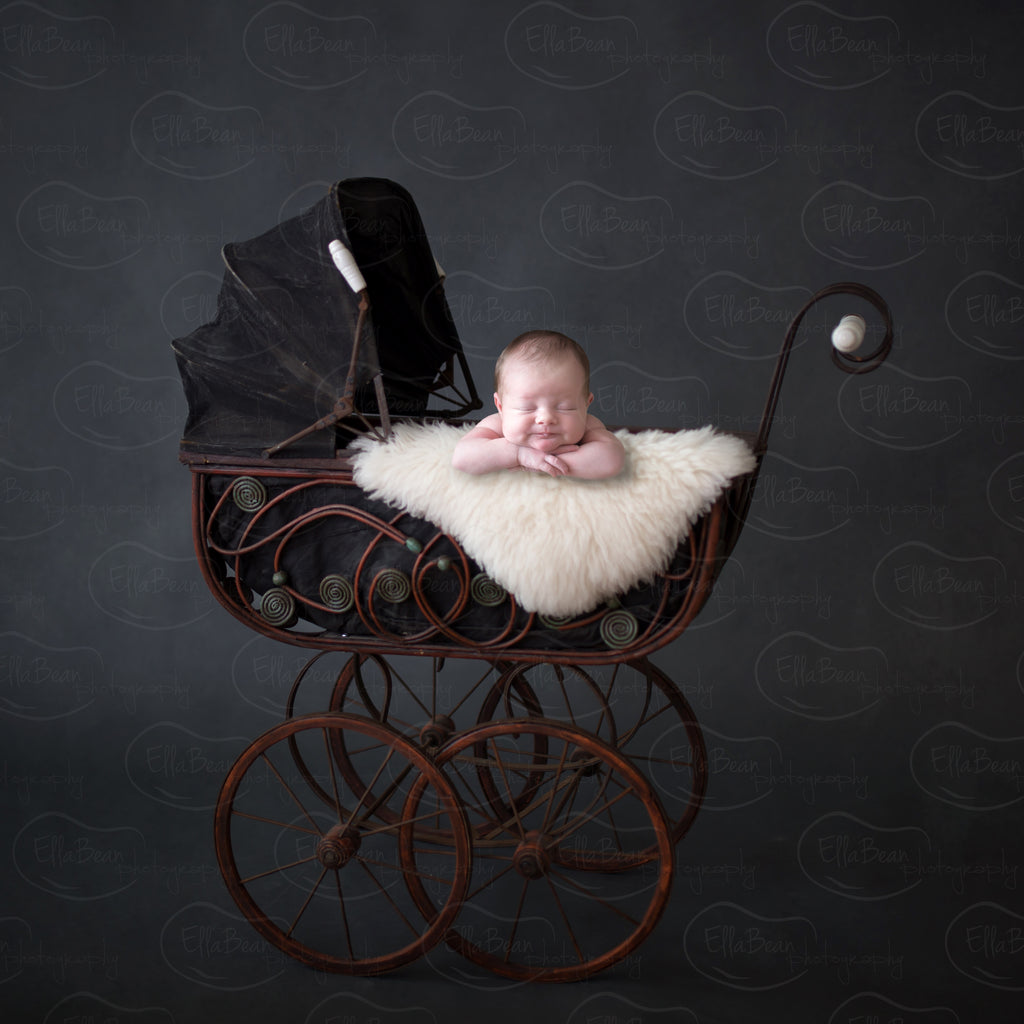 Black Carriage with Fur Digital Backdrop - Lilly Bear Studio Props, baby carriage, black, carriage, digital, digital backdrop, newborn digital backdrop, wood