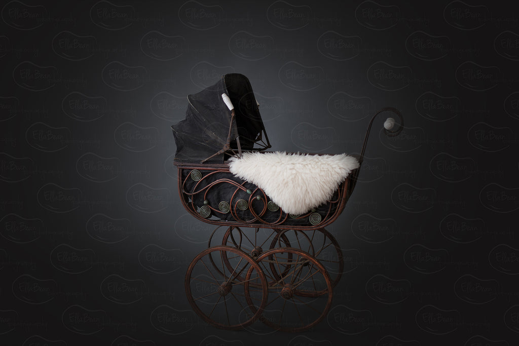 Black Carriage with Fur Digital Backdrop - Lilly Bear Studio Props, baby carriage, black, carriage, digital, digital backdrop, newborn digital backdrop, wood