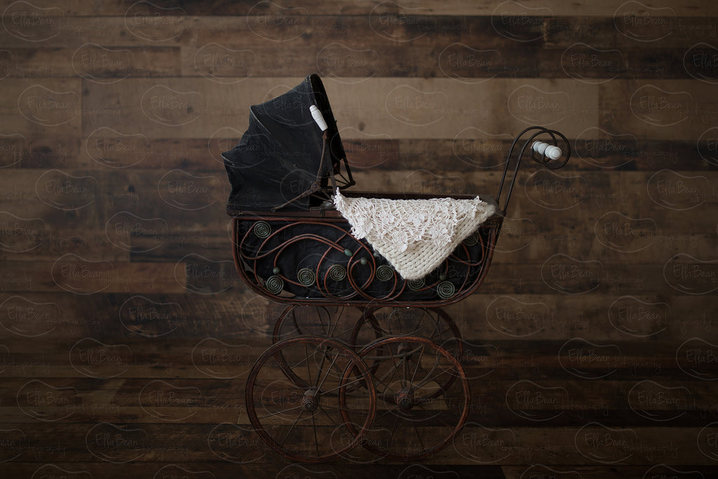 Black Carriage with Lace on Wood Digital Backdrop - Lilly Bear Studio Props, baby carriage, black, carriage, digital, digital backdrop, lace, newborn digital backdrop, wood