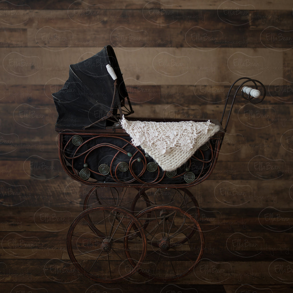 Black Carriage with Lace on Wood Digital Backdrop - Lilly Bear Studio Props, baby carriage, black, carriage, digital, digital backdrop, lace, newborn digital backdrop, wood