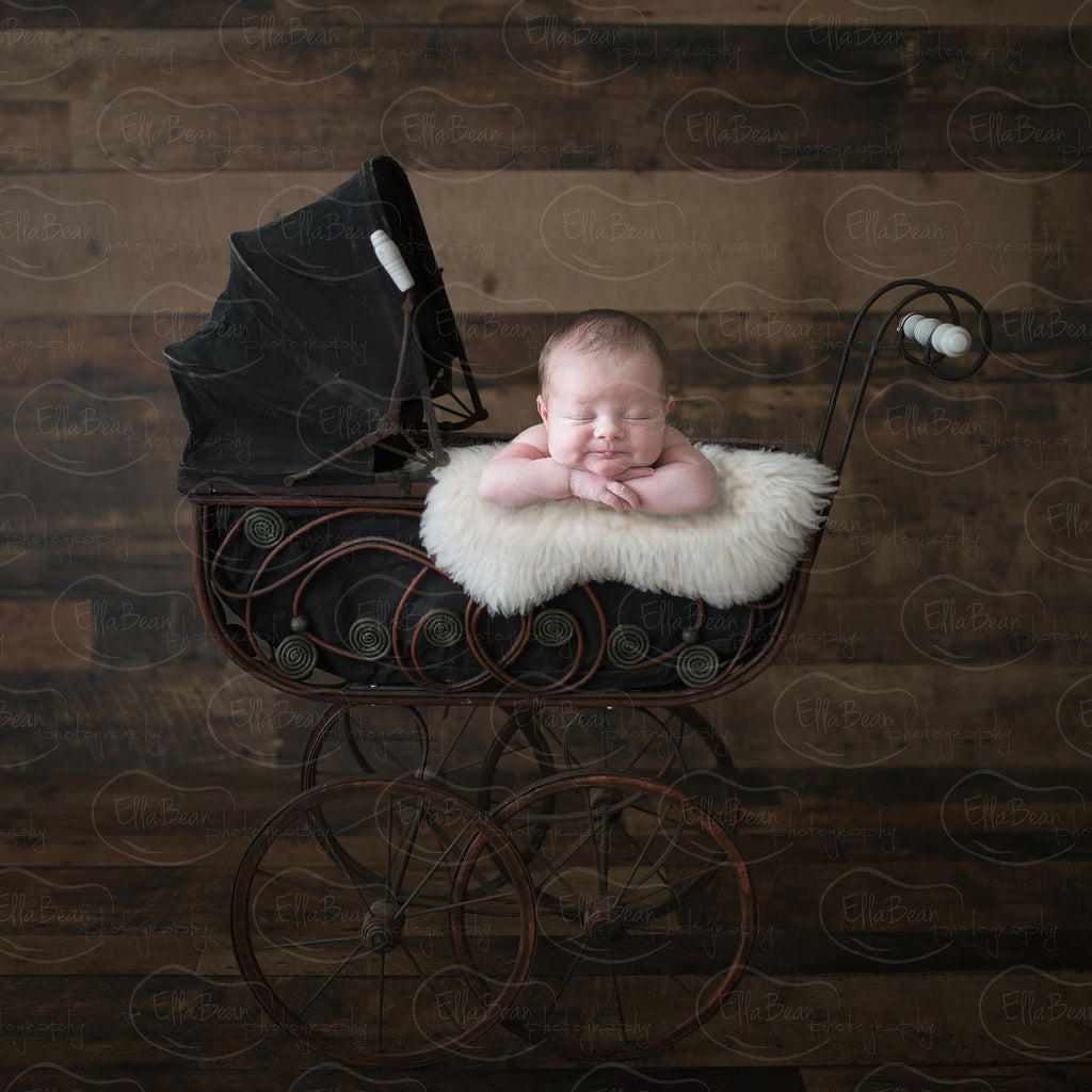 Black Carriage with Fur on Wood Digital Backdrop - Lilly Bear Studio Props, baby carriage, black, carriage, digital, digital backdrop, lace, newborn digital backdrop, wood