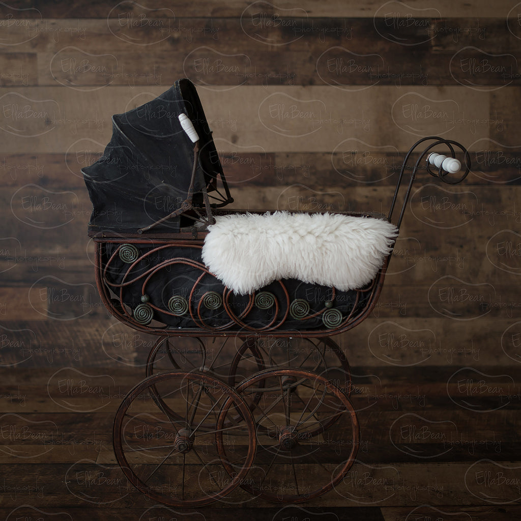 Black Carriage with Fur on Wood Digital Backdrop - Lilly Bear Studio Props, baby carriage, black, carriage, digital, digital backdrop, lace, newborn digital backdrop, wood