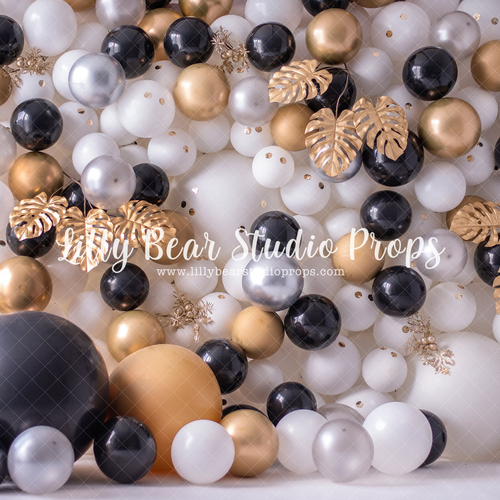 Black, Silver & Gold Party Wall - Lilly Bear Studio Props, balloon wall, black and silver, black and silver balloons, black balloons, black gold and silver, black gold and silver balloons, black white and gold, Fabric, glitter, gold, gold and white, gold glitter, gold leaves, gold palms, new years, silver balloons, white and gold, white and gold balloon wall, white and gold balloons, white balloon wall, white balloons, Wrinkle Free Fabric