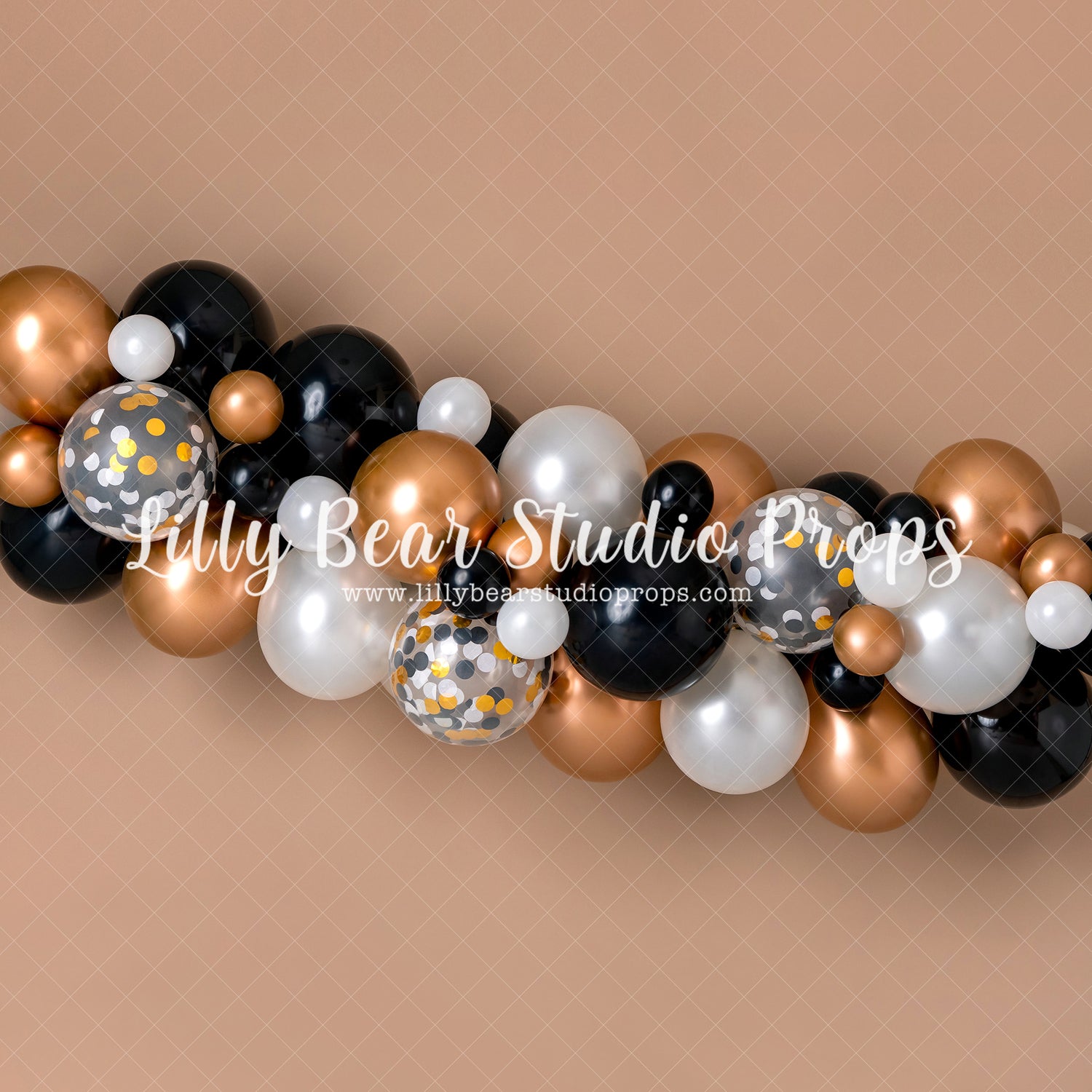 Black & Copper Balloon Garland - Lilly Bear Studio Props, balloon garland, black balloons, copper balloons, copper white and black balloons, Fabric, gold balloons, gold black and white balloons, white balloons, white black and copper balloon garland, white black and gold balloon garland, Wrinkle Free Fabric