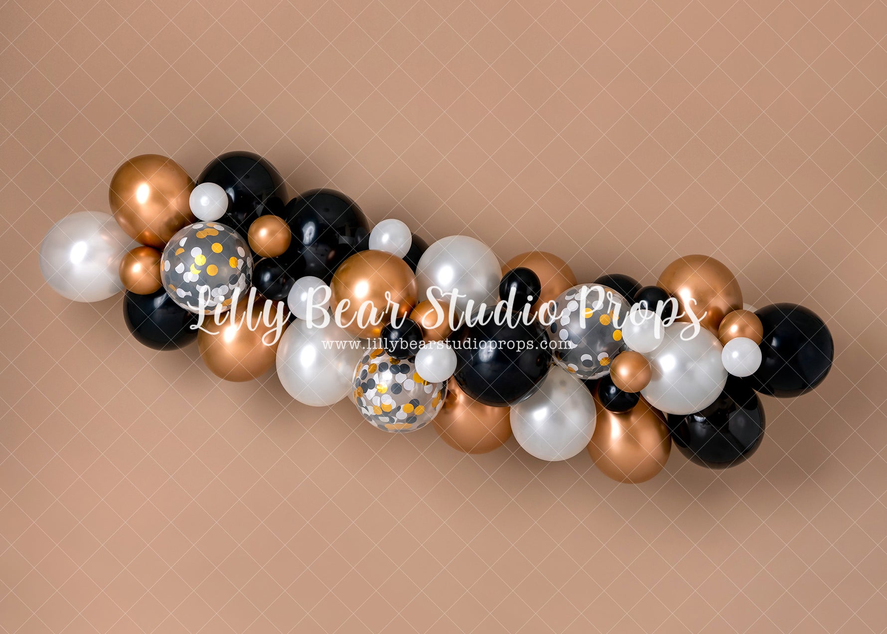Black & Copper Balloon Garland - Lilly Bear Studio Props, balloon garland, black balloons, copper balloons, copper white and black balloons, Fabric, gold balloons, gold black and white balloons, white balloons, white black and copper balloon garland, white black and gold balloon garland, Wrinkle Free Fabric