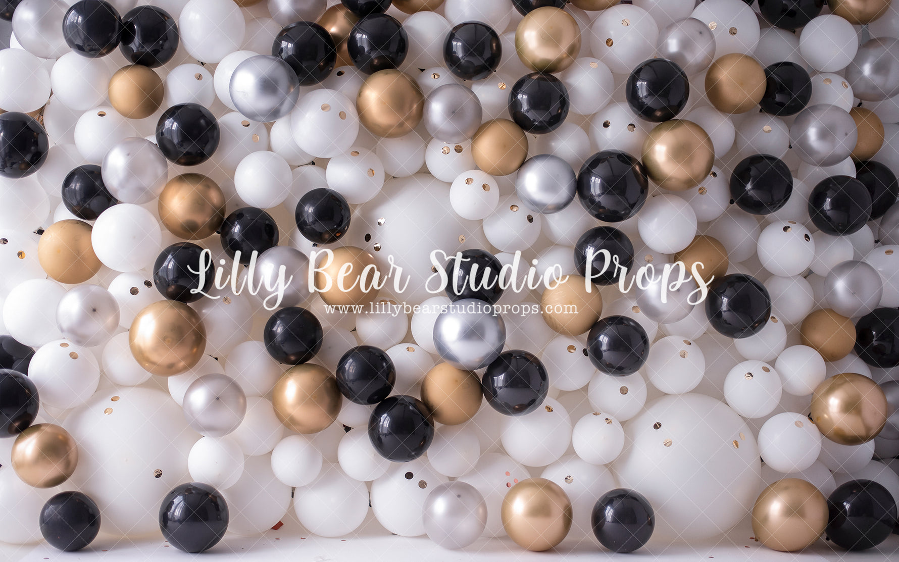 Black & Gold Balloon Wall - Lilly Bear Studio Props, balloon wall, black balloons, black white and gold, Fabric, glitter, gold, gold and white, gold glitter, new years, white and gold, white and gold balloon wall, white and gold balloons, white balloon wall, white balloons, Wrinkle Free Fabric
