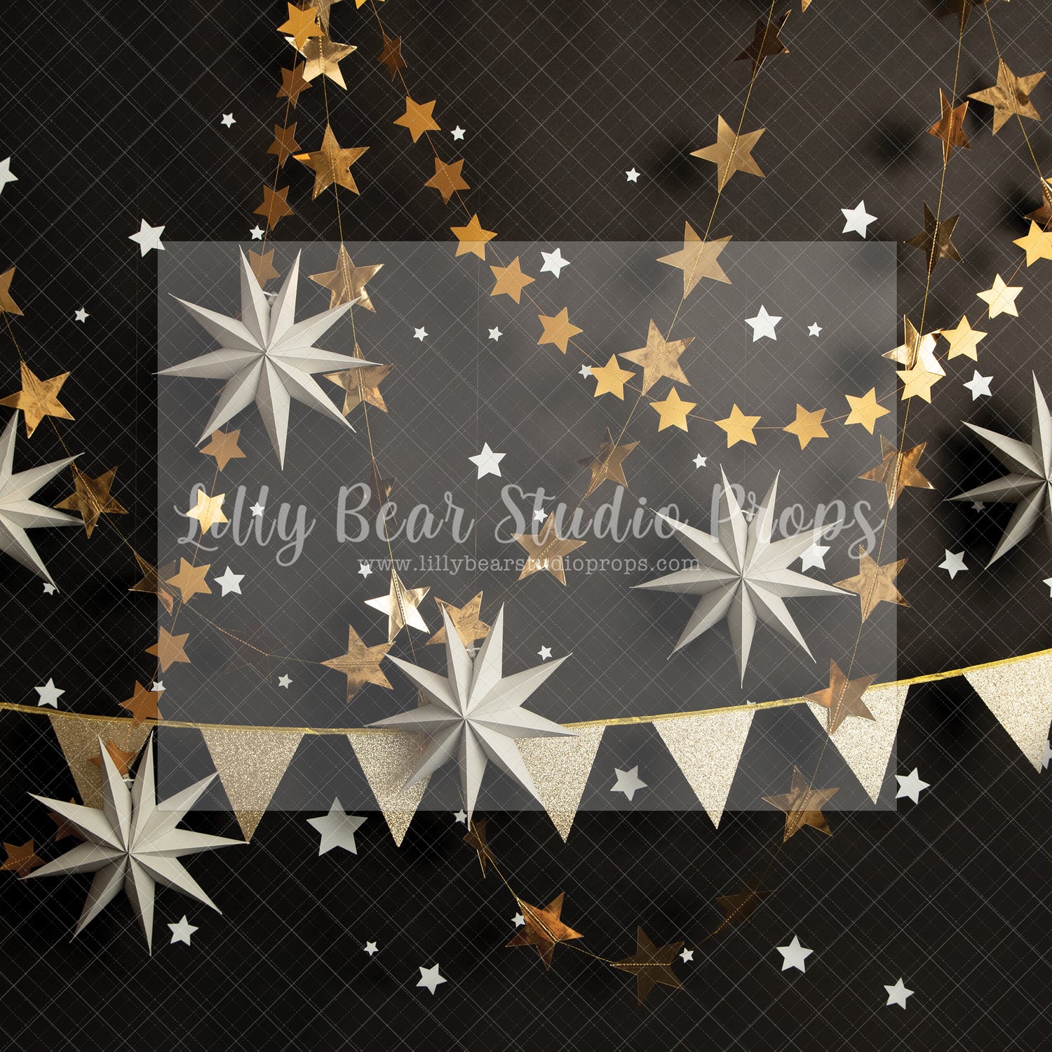Black & Gold Stars - Lilly Bear Studio Props, all stars, birthday banner, black and gold, black and gold stars, gold beaded curtains, gold curtains, gold fans, gold star, gold star banner, gold stars, night sky, one, starry sky, stars, white stars
