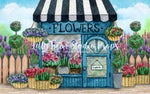Bloom Shop Art - Lilly Bear Studio Props, art, awning, blooming flowers, blue store, bright flowers, colourful flowers, Fabric, FABRICS, fence, floral, florals, flower boutique, flower shop, flowers, garden, girl, girls, painting, pink, pink flower, rose, roses, shop, spring, spring floral, spring flowers, spring shop, springtime, store, striped awning, tulips, watercolor, watercolour, white picket fence, Wrinkle Free Fabric