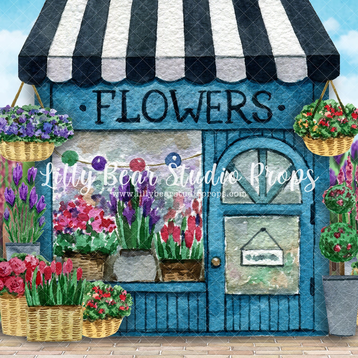 Bloom Shop Art - Lilly Bear Studio Props, art, awning, blooming flowers, blue store, bright flowers, colourful flowers, Fabric, FABRICS, fence, floral, florals, flower boutique, flower shop, flowers, garden, girl, girls, painting, pink, pink flower, rose, roses, shop, spring, spring floral, spring flowers, spring shop, springtime, store, striped awning, tulips, watercolor, watercolour, white picket fence, Wrinkle Free Fabric