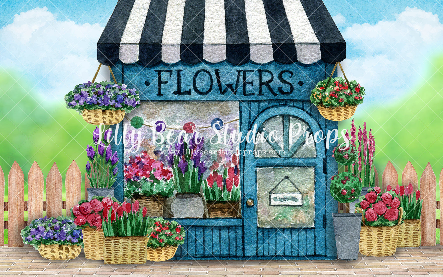 Bloom Shop Art-Field - Lilly Bear Studio Props, art, awning, bright flowers, colourful flowers, Fabric, FABRICS, fence, floral, florals, flower boutique, flower shop, flowers, garden, girl, girls, painting, pink, pink flower, rose, roses, shop, spring, spring floral, spring flowers, spring shop, springtime, store, tulips, watercolor, watercolour, white picket fence, Wrinkle Free Fabric