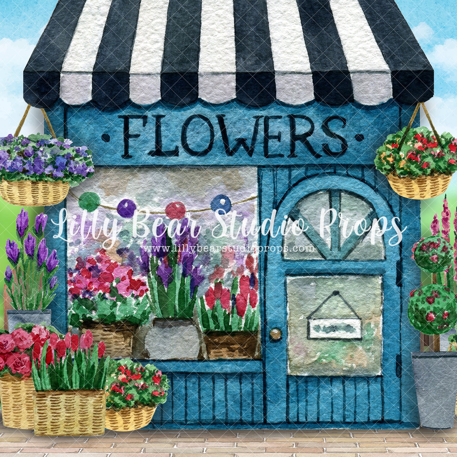 Bloom Shop Art-Field - Lilly Bear Studio Props, art, awning, bright flowers, colourful flowers, Fabric, FABRICS, fence, floral, florals, flower boutique, flower shop, flowers, garden, girl, girls, painting, pink, pink flower, rose, roses, shop, spring, spring floral, spring flowers, spring shop, springtime, store, tulips, watercolor, watercolour, white picket fence, Wrinkle Free Fabric