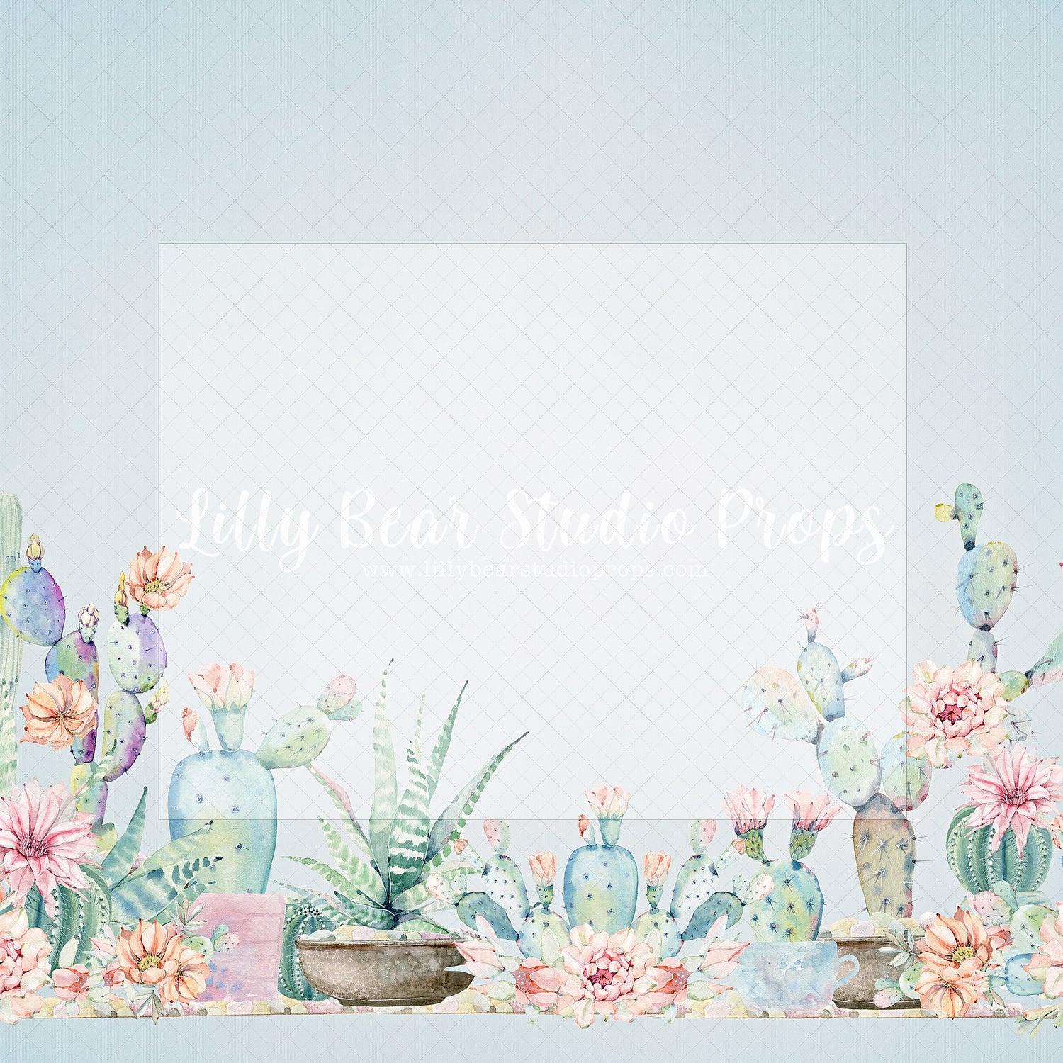 Blooming Blue Cactai - Lilly Bear Studio Props, blooming cactai, cactai, cactus, desert cactus, dessert, dessert island, Fabric, flowers, summer, summertime, watercolour cactus, Wrinkle Free Fabric