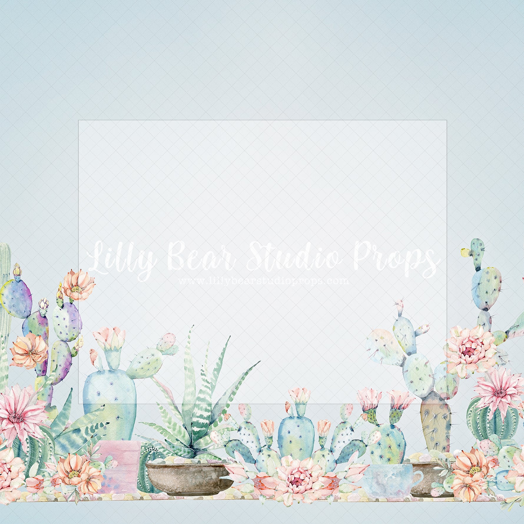 Blooming Blue Cactai - Lilly Bear Studio Props, blooming cactai, cactai, cactus, desert cactus, dessert, dessert island, Fabric, flowers, summer, summertime, watercolour cactus, Wrinkle Free Fabric