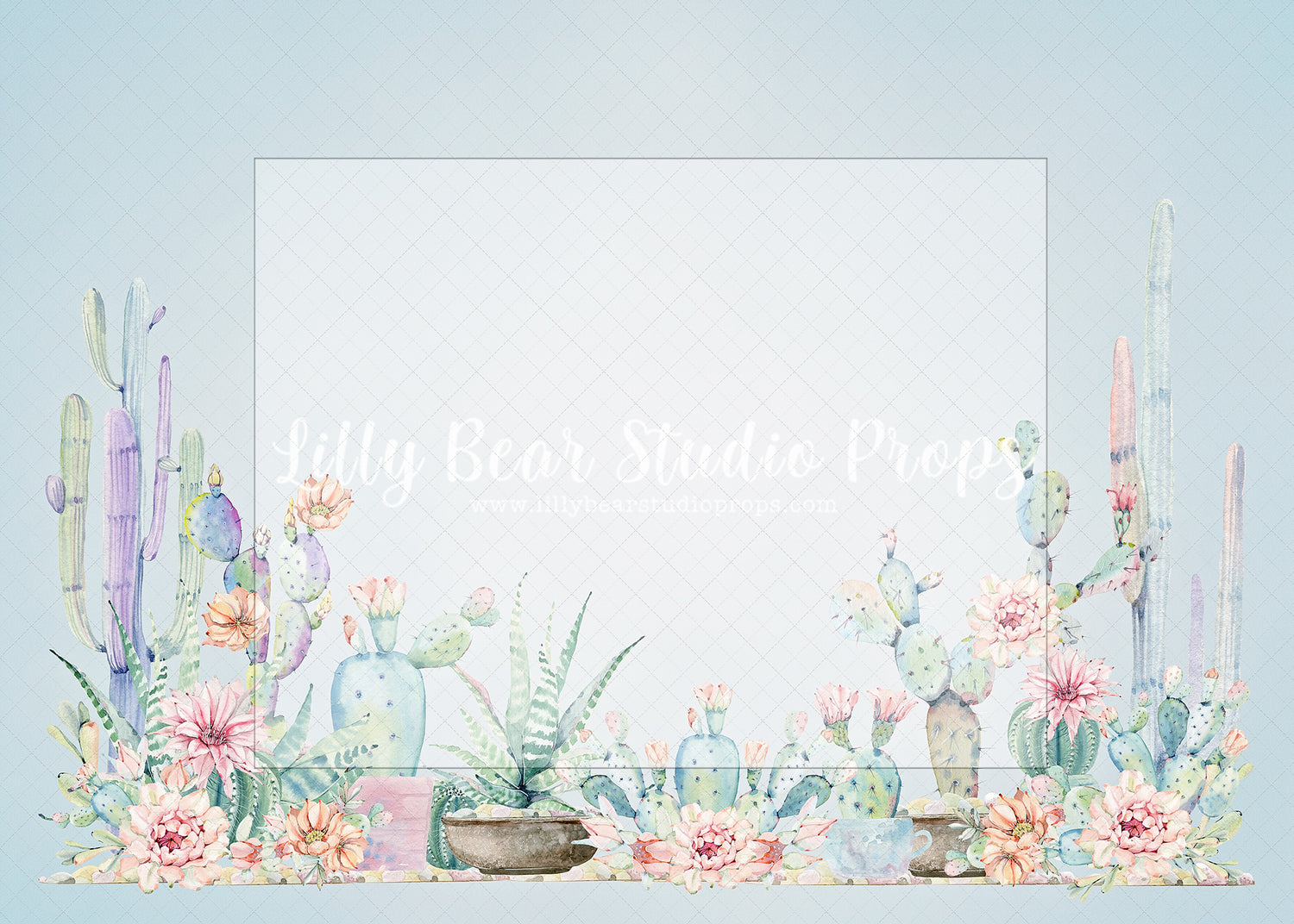 Blooming Blue Cactai - Lilly Bear Studio Props, blooming cactai, cactai, cactus, desert cactus, dessert, dessert island, Fabric, flowers, summer, summertime, watercolour cactus, Wrinkle Free Fabric