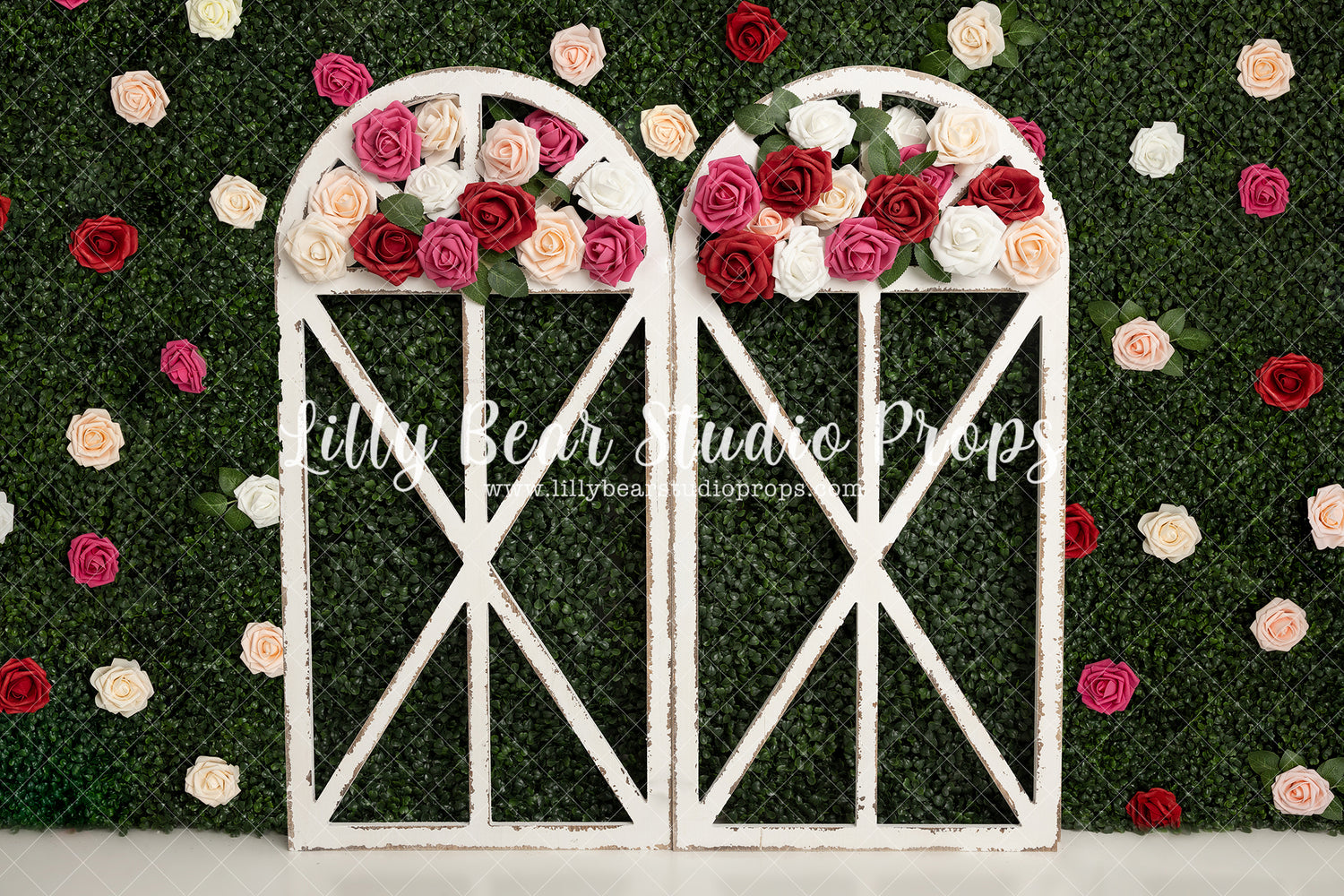 Blooming Rose Arch - Lilly Bear Studio Props, boxwood, boxwood wall, bush, Fabric, FABRICS, floral, flowers, frame, garden, grass, green wall, greenery, pink rose, pink roses, purple roses, red rose, red roses, rose, roses, spring, valentine, valentines, valentines day, white roses, window, Wrinkle Free Fabric