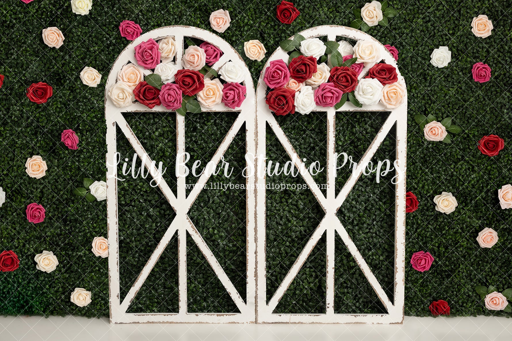 Blooming Rose Arch - Lilly Bear Studio Props, boxwood, boxwood wall, bush, Fabric, FABRICS, floral, flowers, frame, garden, grass, green wall, greenery, pink rose, pink roses, purple roses, red rose, red roses, rose, roses, spring, valentine, valentines, valentines day, white roses, window, Wrinkle Free Fabric