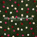 Blooming Rose Wall - Lilly Bear Studio Props, boxwood, boxwood wall, bush, Fabric, FABRICS, floral, flowers, garden, grass, green wall, greenery, pink rose, pink roses, red rose, red roses, rose, roses, spring, valentine, valentines, valentines day, white roses, Wrinkle Free Fabric