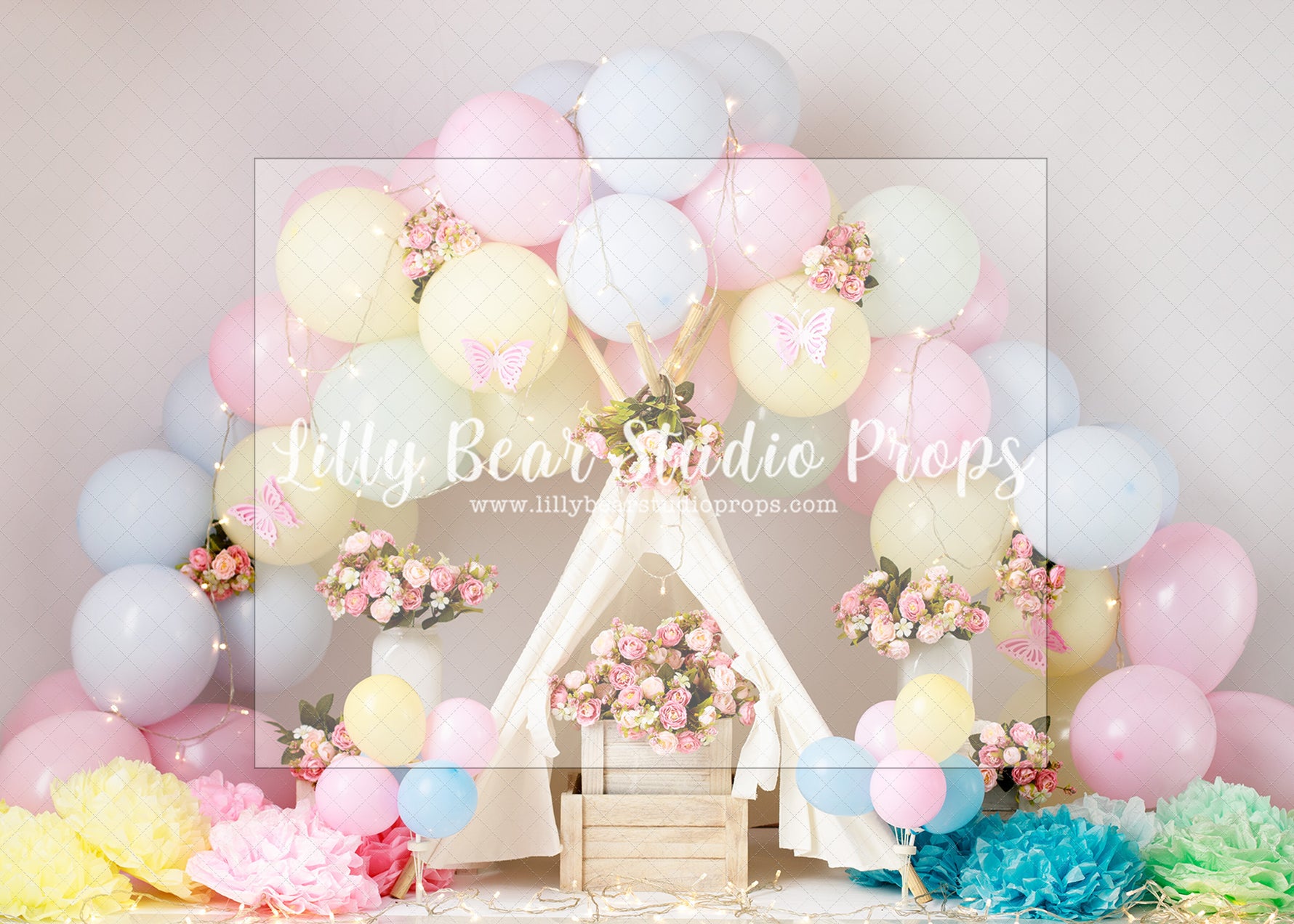 Blooming Tent Balloon Arch - Lilly Bear Studio Props, butterflies, butterfly, butterfly balloons, butterfly colours, butterfly flowers, cake smash, gold, gold palms, leaves, pastel, pastel balloon wall, pastel balloons, pastel blue, pastel green, pastel orange, pastel pink, pastel purple, pastel rainbow, pastel wall, pastel yellow, pink butterflies