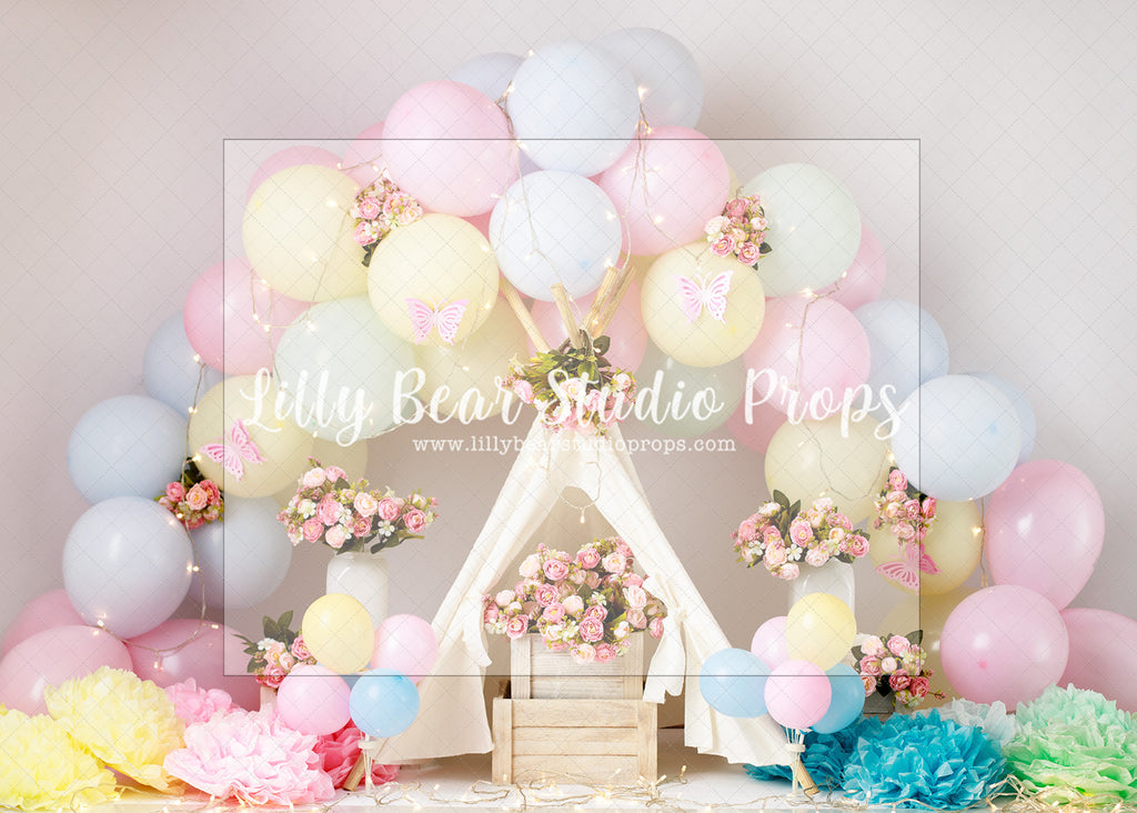 Blooming Tent Balloon Arch - Lilly Bear Studio Props, butterflies, butterfly, butterfly balloons, butterfly colours, butterfly flowers, cake smash, gold, gold palms, leaves, pastel, pastel balloon wall, pastel balloons, pastel blue, pastel green, pastel orange, pastel pink, pastel purple, pastel rainbow, pastel wall, pastel yellow, pink butterflies