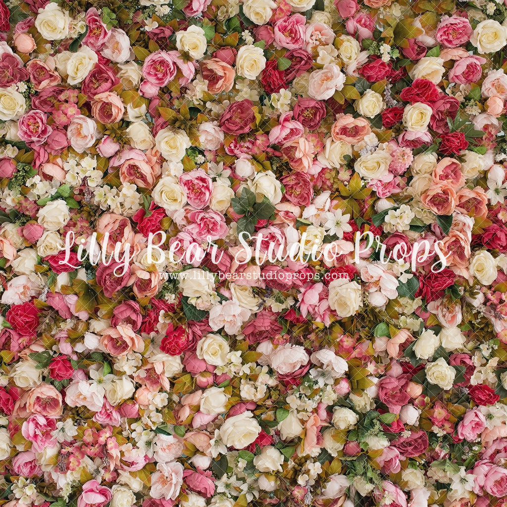 Blooming Wall - Lilly Bear Studio Props, bright flowers, colourful flowers, Fabric, FABRICS, floral, florals, flower boutique, flower shop, flower wall, flowers, garden, girl, girls, pink, pink flower, rose, roses, spring, spring floral, spring flowers, Wrinkle Free Fabric
